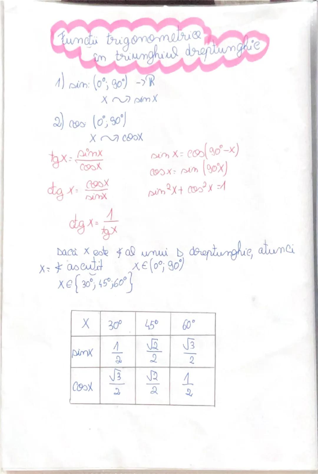 Functü trigonometrica
în triunghiul dreptunghie
1) sim: (0°; 90°) ->R
x2 <~ pim x
2) 20 (0;50%
X COOX
tgx: simx
dg
cosx
X= cosx
sinx
sin x =