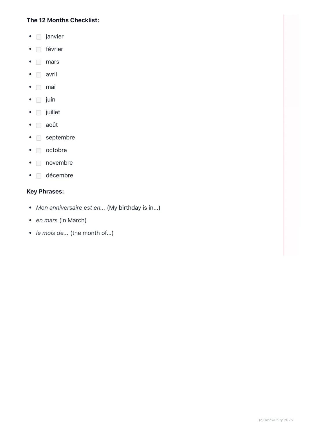 # Months of the Year

Introduction to the months

Learning the months of the year in French is really important. We need them to
talk about 