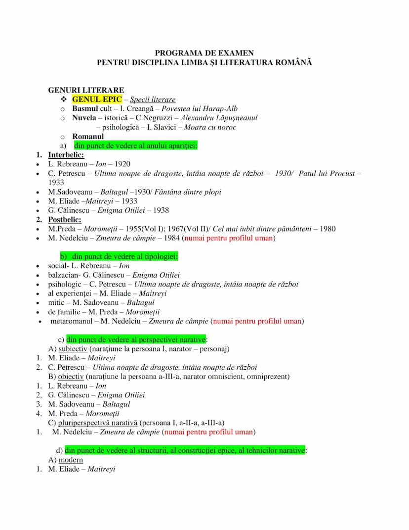 --- OCR Start ---
PROGRAMA DE EXAMEN
PENTRU DISCIPLINA LIMBA ŞI LITERATURA ROMÂNĂ
GENURI LITERARE
GENUL EPIC - Specii literare
• Basmul cult