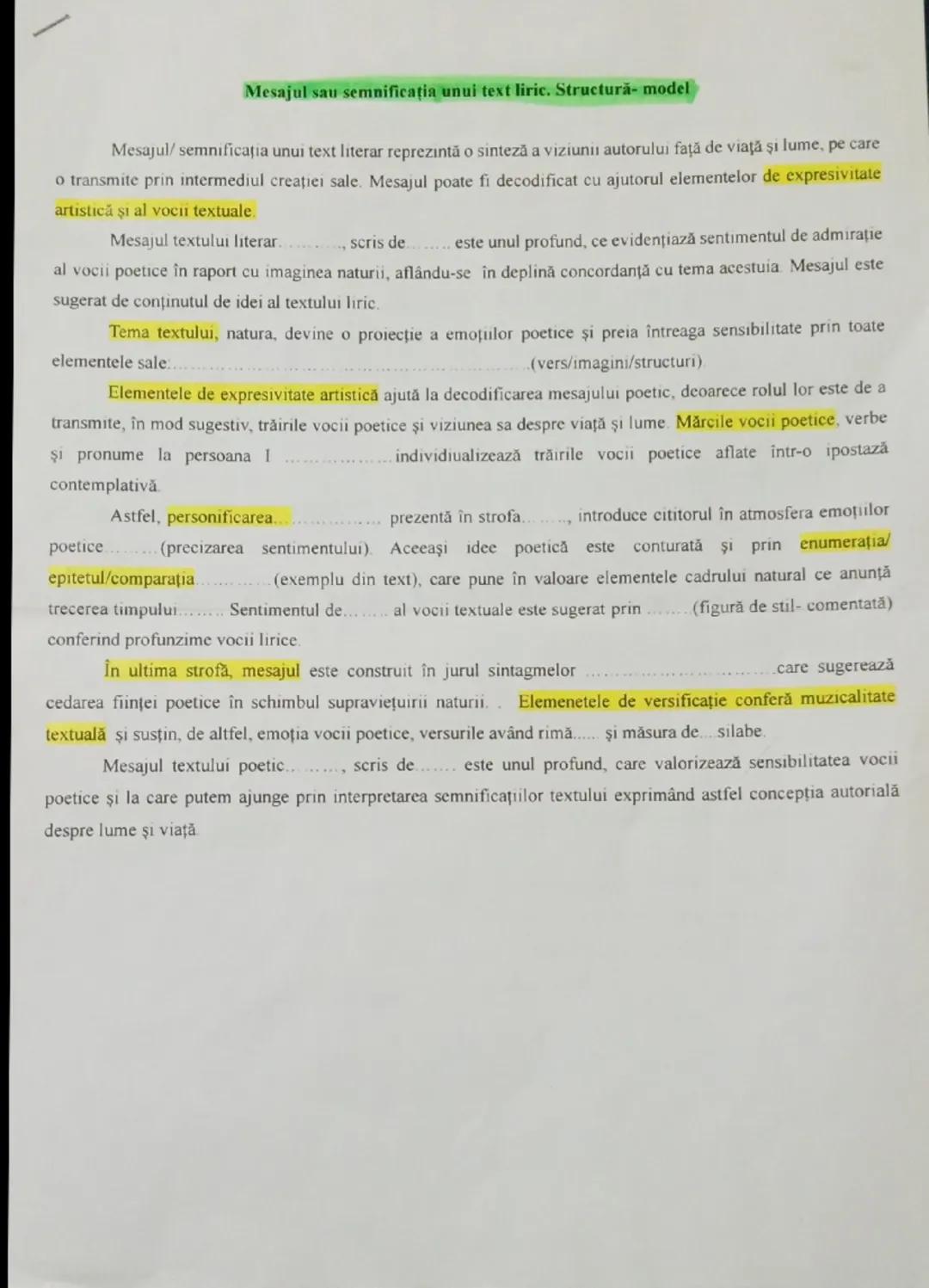 # Mesajul sau semnificația unui text liric. Structură-model
Mesajul/ semnificația unui text literar reprezintă o sinteză a viziunii autorulu