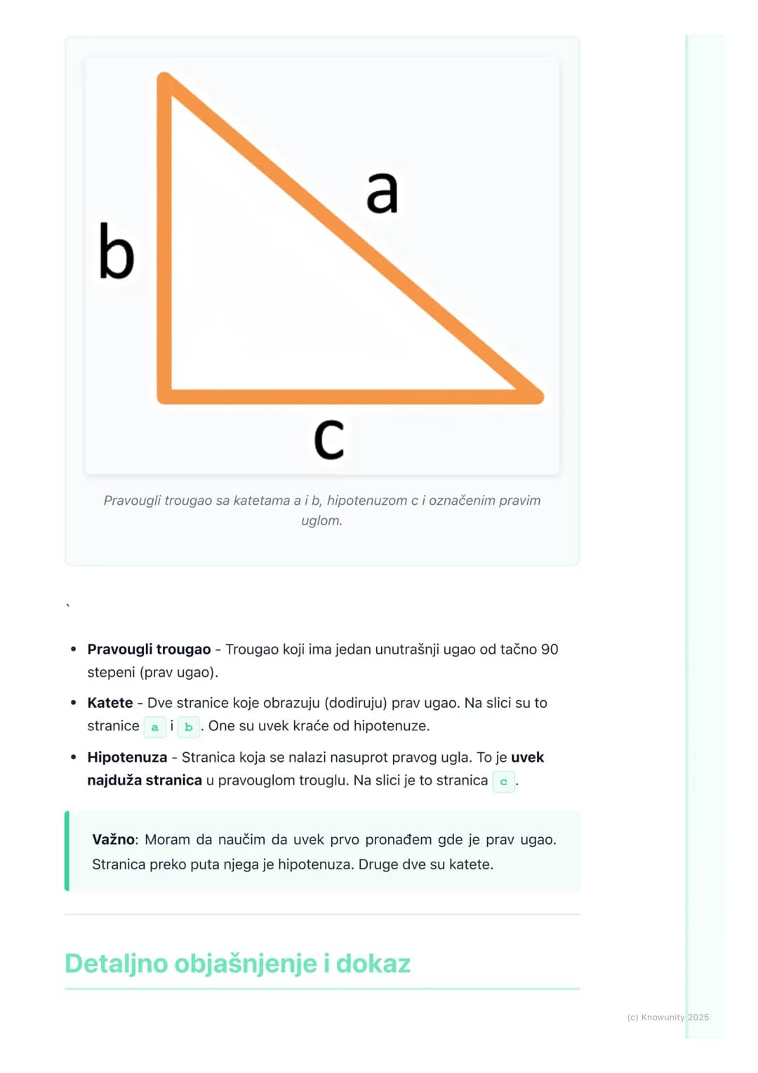 # Pojam i dokaz Pitagorine
teoreme

## Osnovni pojam Pitagorine teoreme

Pitagorina teorema je jedna od najvažnijih teorema u matematici. Po