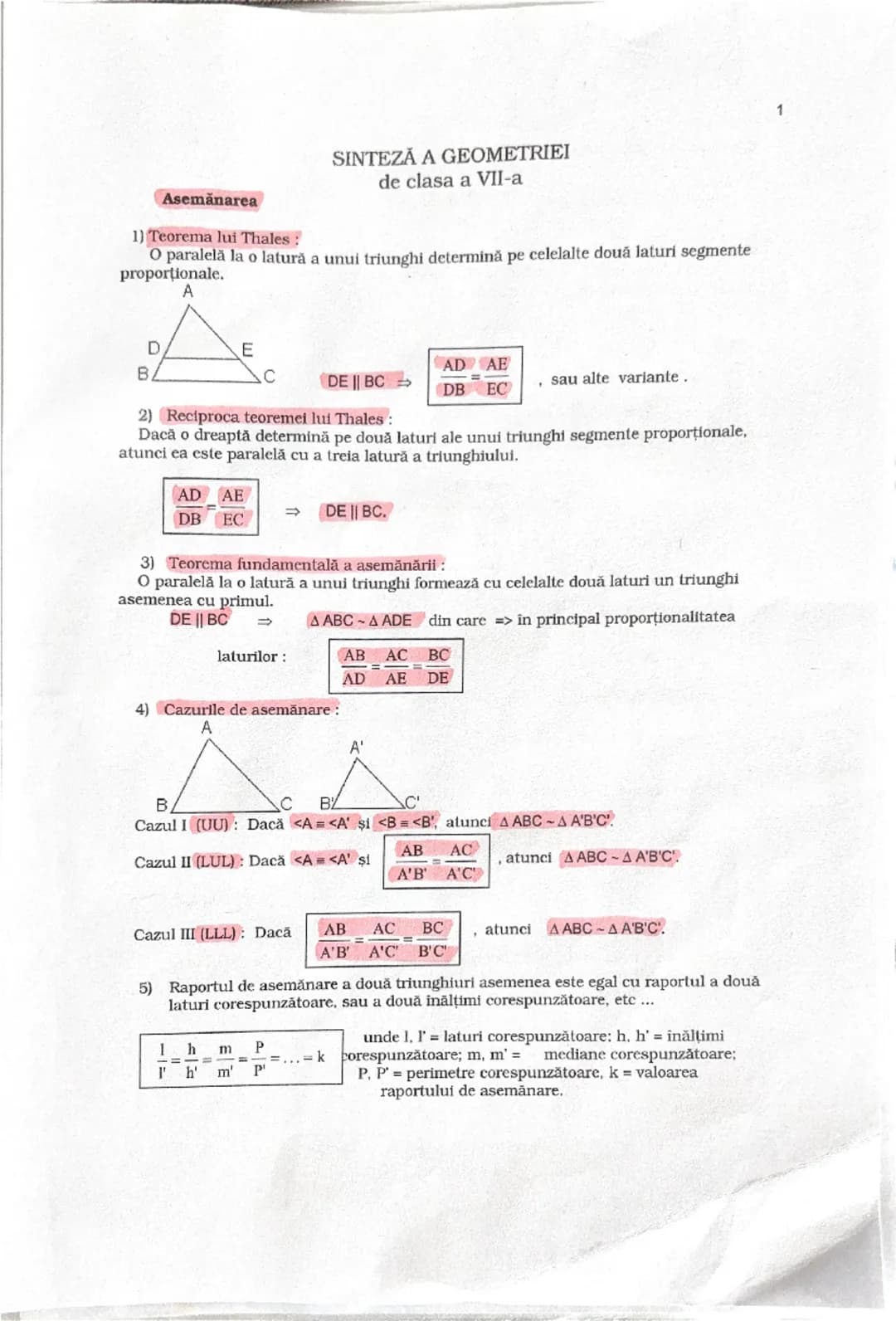 # SINTEZA A GEOMETRIEI
 de clasa a VII-a

# Asemănarea

1) **Teorema lui Thales** :
 O paralelă la o latură a unui triunghi determină pe cel