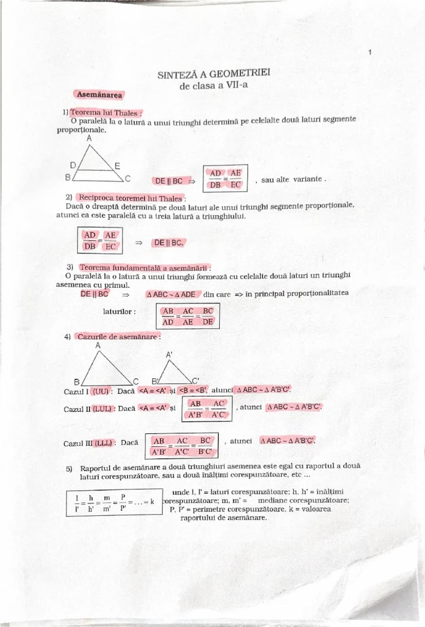 # SINTEZA A GEOMETRIEI
 de clasa a VII-a

# Asemănarea

1) **Teorema lui Thales** :
 O paralelă la o latură a unui triunghi determină pe cel