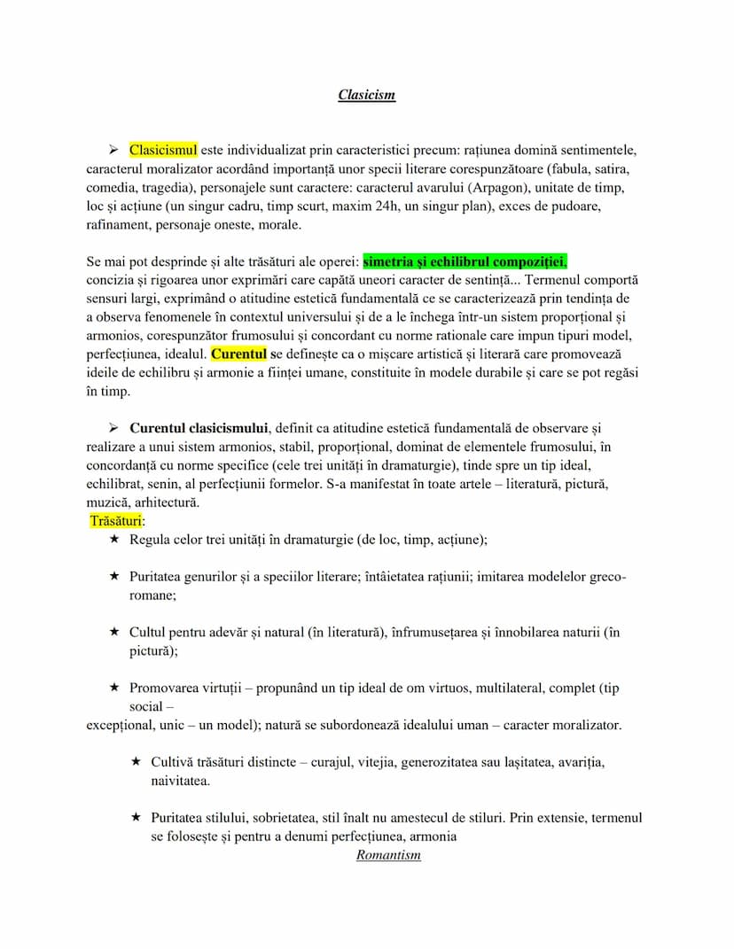 # Clasicism
➤ Clasicismul este individualizat prin caracteristici precum: rațiunea domină sentimentele,
caracterul moralizator acordând impo