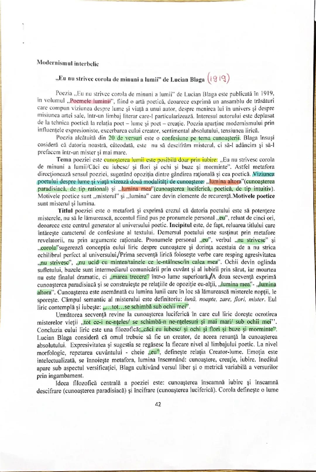 # Modernismul interbelic

„Eu nu strivesc coroia de minuni a lumii” de Lucian Blaga (1919)

Poezia „Eu nu strivesc coroia de minuni a lumii”
