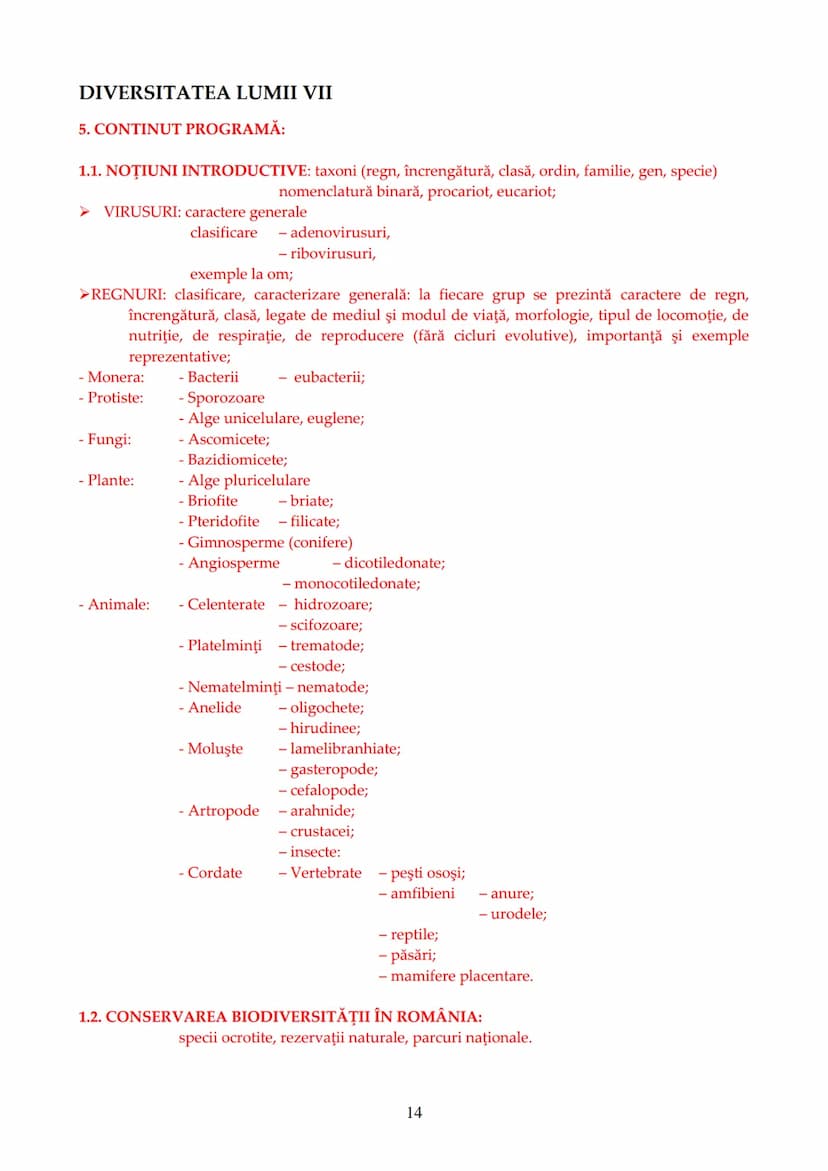 --- OCR Start ---
Evaluarea la disciplina BIOLOGIE VEGETALĂ ȘI ANIMALĂ
în cadrul examenului de bacalaureat - 2014
1. CONŢINUT PROGRAMĂ
Proba