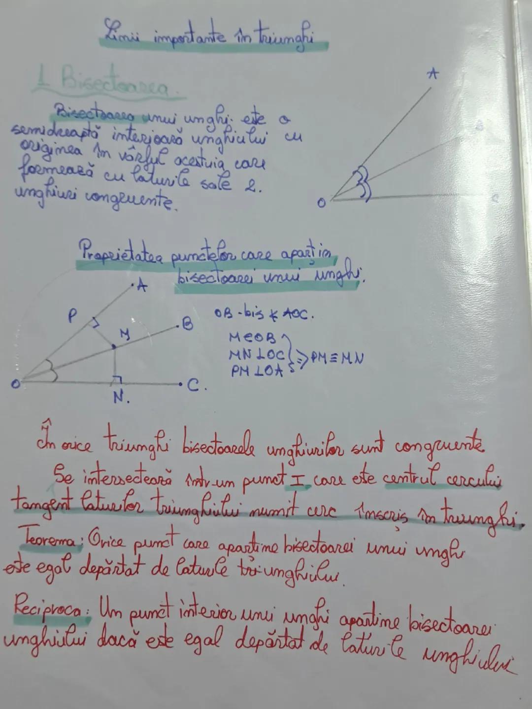 # Lini importante în triunghi

I Bisectoarca

Bisectoarea unui unghi este o
semidreaptă interioară unghiului cu
originea în vârful acestuia 