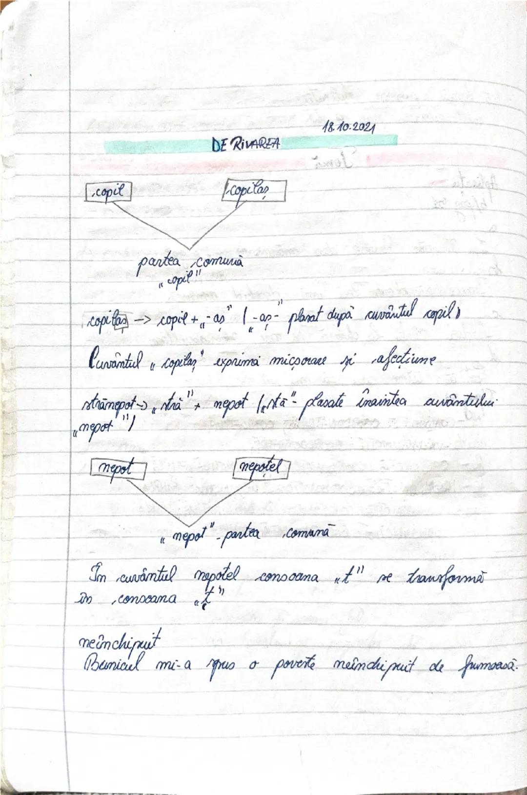 DE RIVAREA
18.10.2021
copil
copilaș
copil
copilaș
partea comună
"copil"
copilaș -> copil + -aș  "-aș" - plasat după cuvântul copil
Cuvântul 