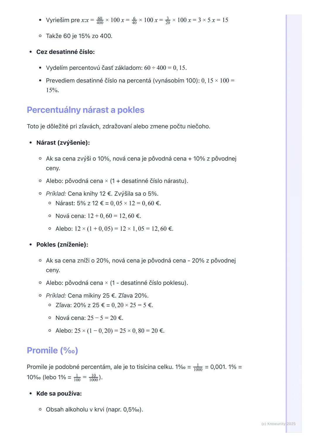 # Percentá a promile

1. Prehľad / Úvod

Dnes si zopakujeme percentá a promile. Je to dôležité, lebo percentá vidíme
všade okolo nás - v obc