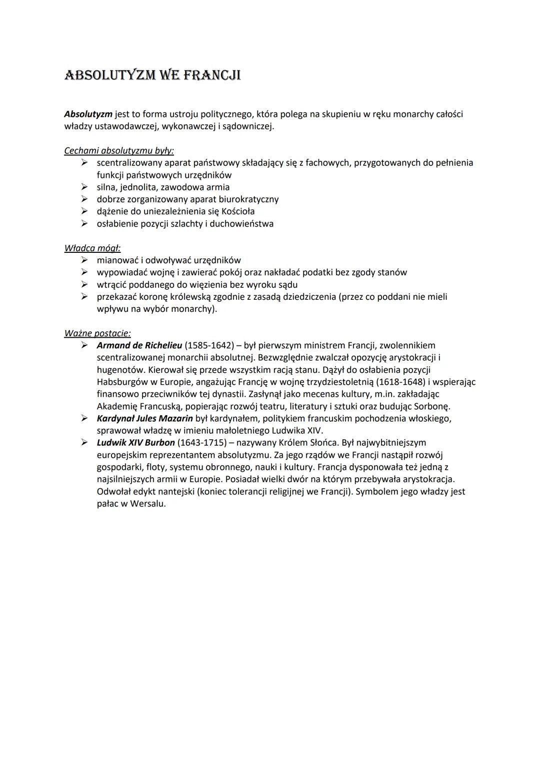 # ABSOLUTYZM WE FRANCJI

Absolutyzm jest to forma ustroju politycznego, która polega na skupieniu w ręku monarchy całości
władzy ustawodawcz