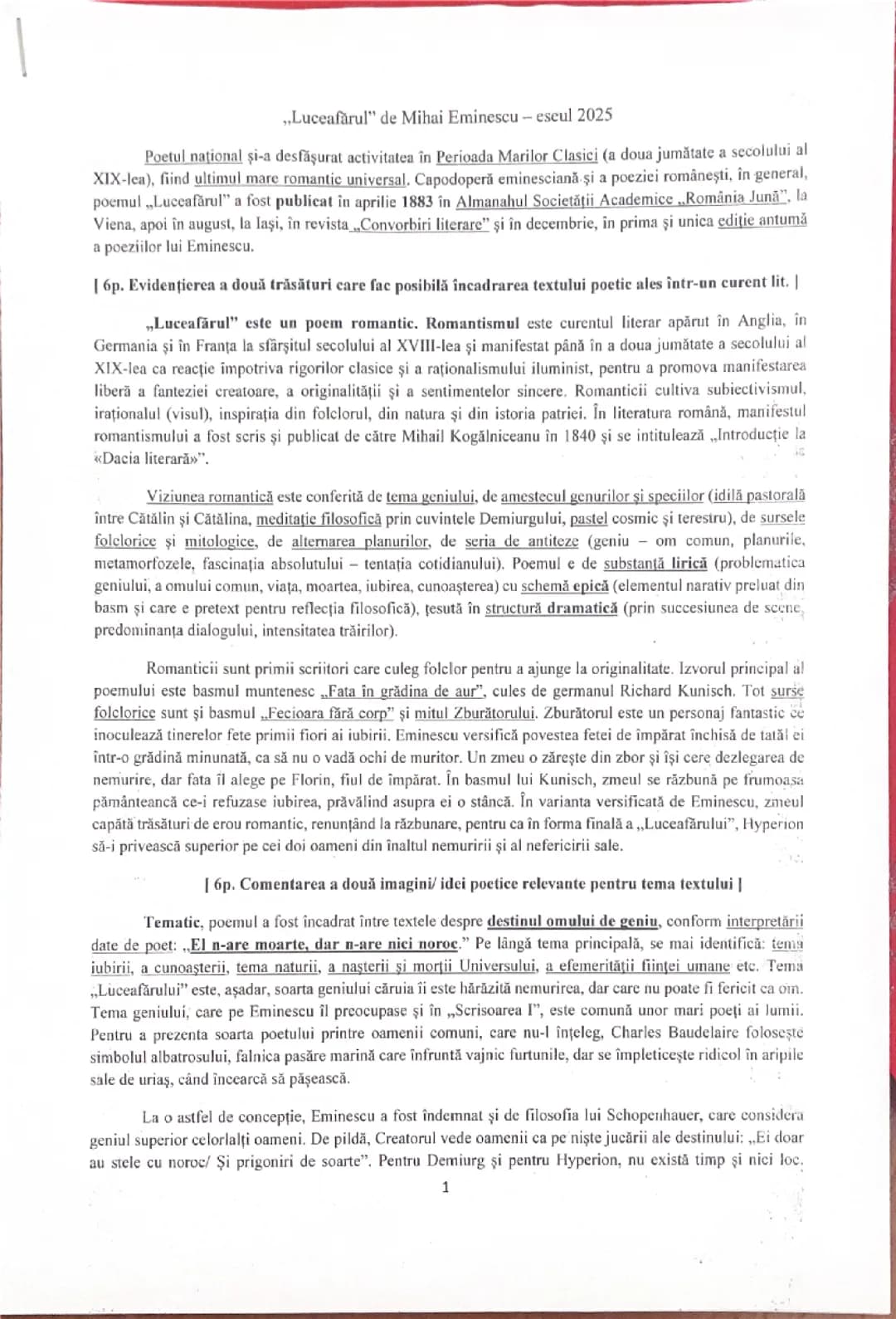 Eseu “Luceafărul” de Mihai Eminescu 
