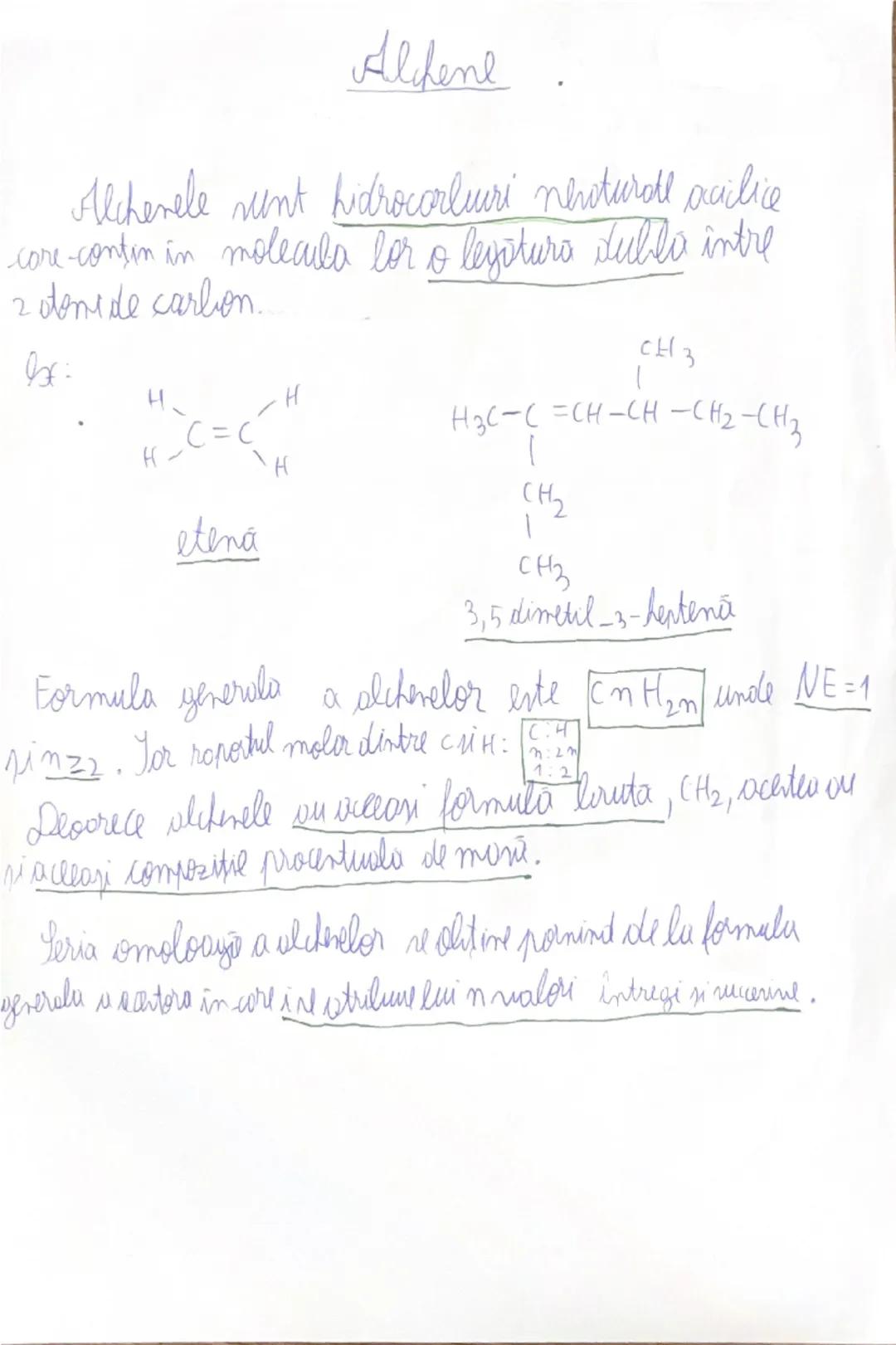 Alikene
Alcheneele sunt hidrocarburi nesaturate aciclice
care contin in molecula lor o legatura dubla intre
2 atomi de carbon.
Ex:
H
H-C=C
H