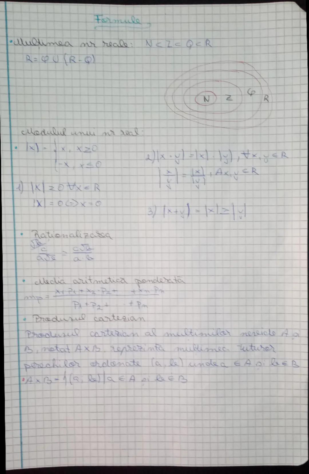 Formule
Multimea nr reale: N<Z<Q<R
R=QU(R-Q)
Modulul unui nr real:
|x|=x,x≥0
(-x,x≤0
|x|≥0∀x∈R
x=0⇔x=0
•Rationalizarea
\frac{c}{a√b}=\frac{c