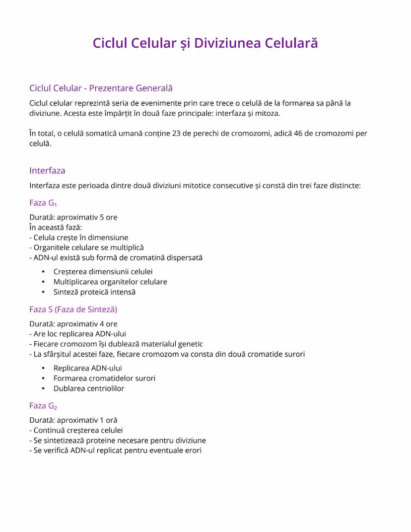 --- OCR Start ---
Ciclul Celular și Diviziunea Celulară
Ciclul Celular - Prezentare Generală
Ciclul celular reprezintă seria de evenimente p