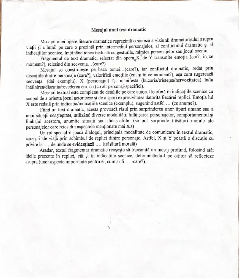 # Mesajul unui text dramatic

Mesajul unei opere literare dramatice reprezintă o sinteză a viziunii dramaturgului asupra
vieții și a lumii p