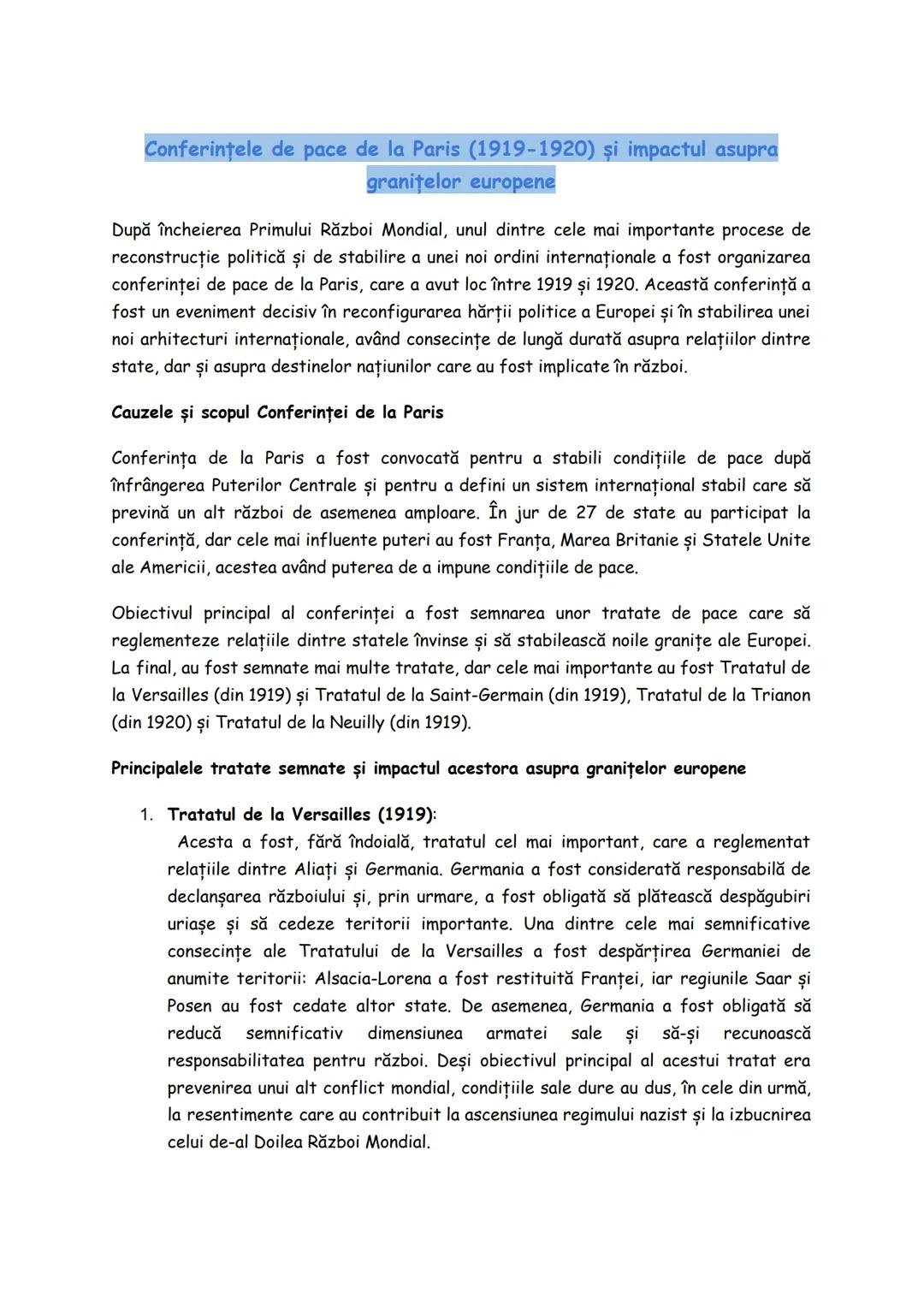 # Conferintele de pace de la Paris (1919-1920) și impactul asupra
granițelor europene

După încheierea Primului Război Mondial, unul dintre 