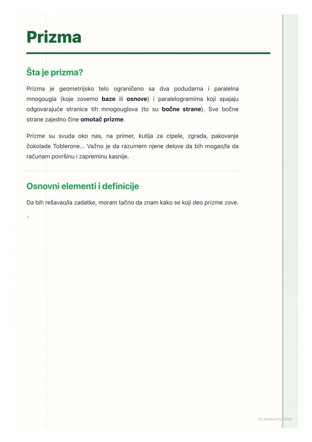 # Prizma

Šta je prizma?

Prizma je geometrijsko telo ograničeno sa dva podudarna i paralelna
mnogougla (koje zovemo baze ili osnove) i para