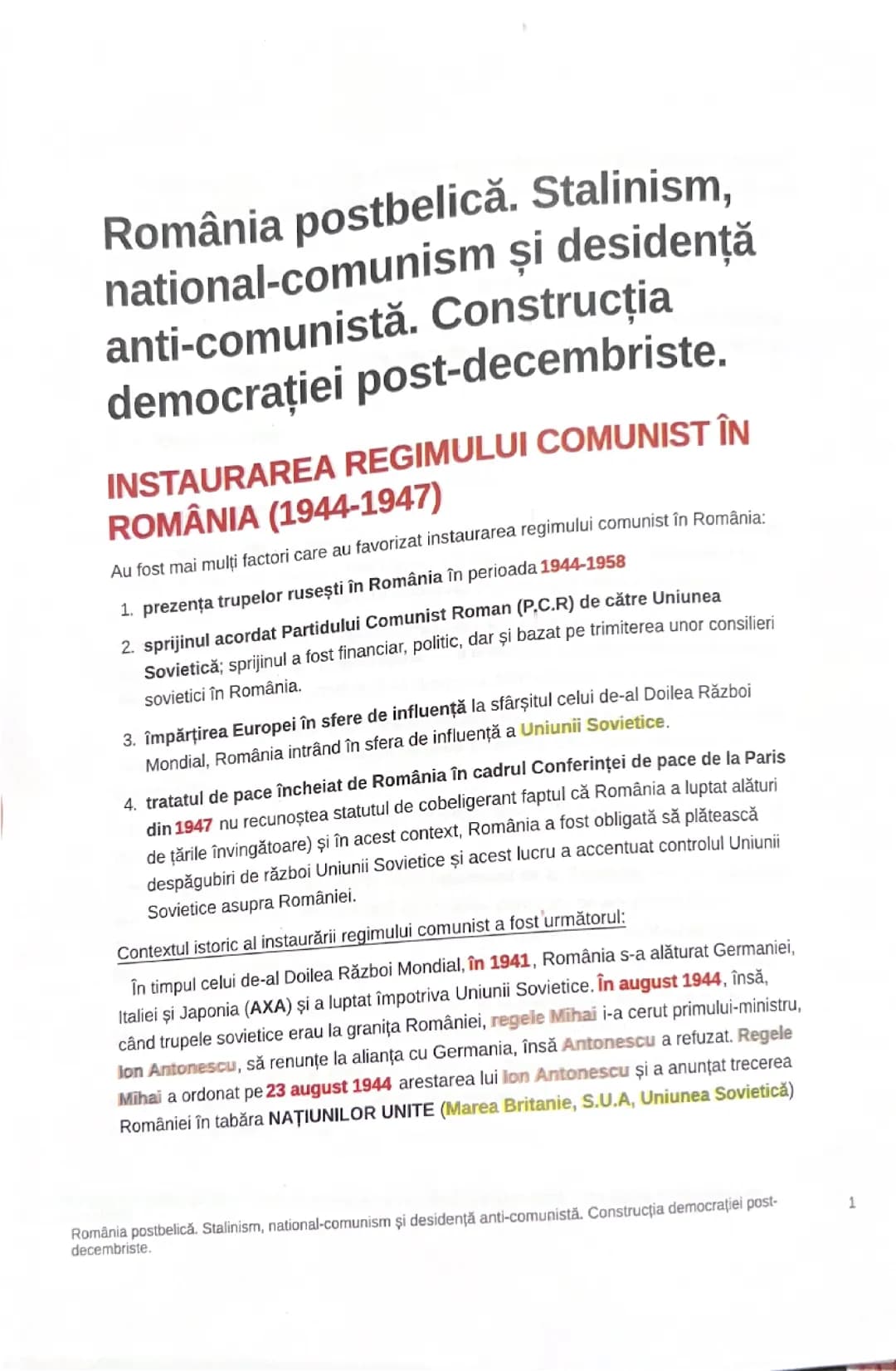 instaurarea regimului comunist in romania