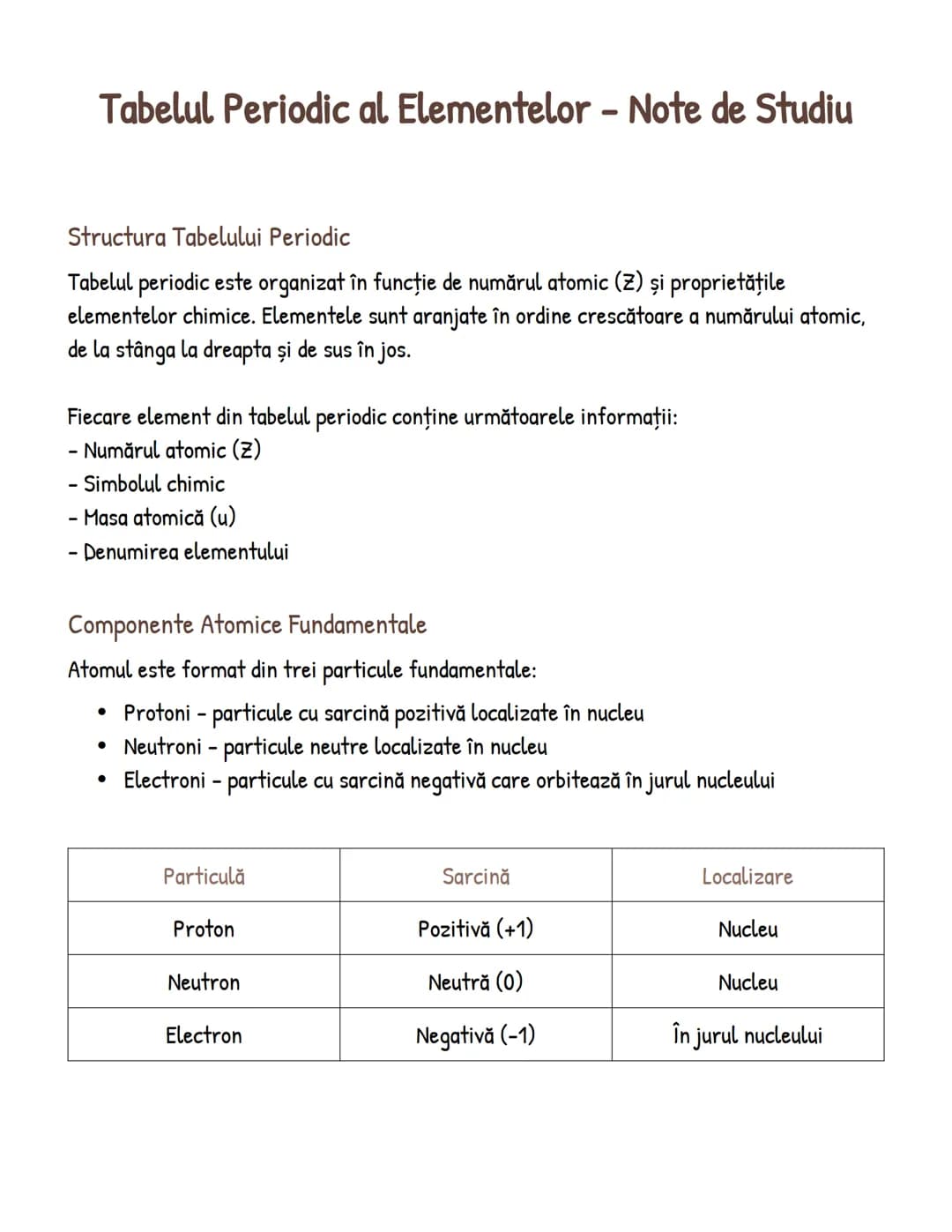 # Tabelul Periodic al Elementelor - Note de Studiu

## Structura Tabelului Periodic
Tabelul periodic este organizat în funcție de numărul at