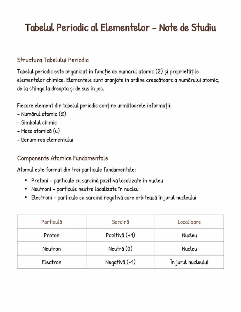 # Tabelul Periodic al Elementelor - Note de Studiu

## Structura Tabelului Periodic
Tabelul periodic este organizat în funcție de numărul at