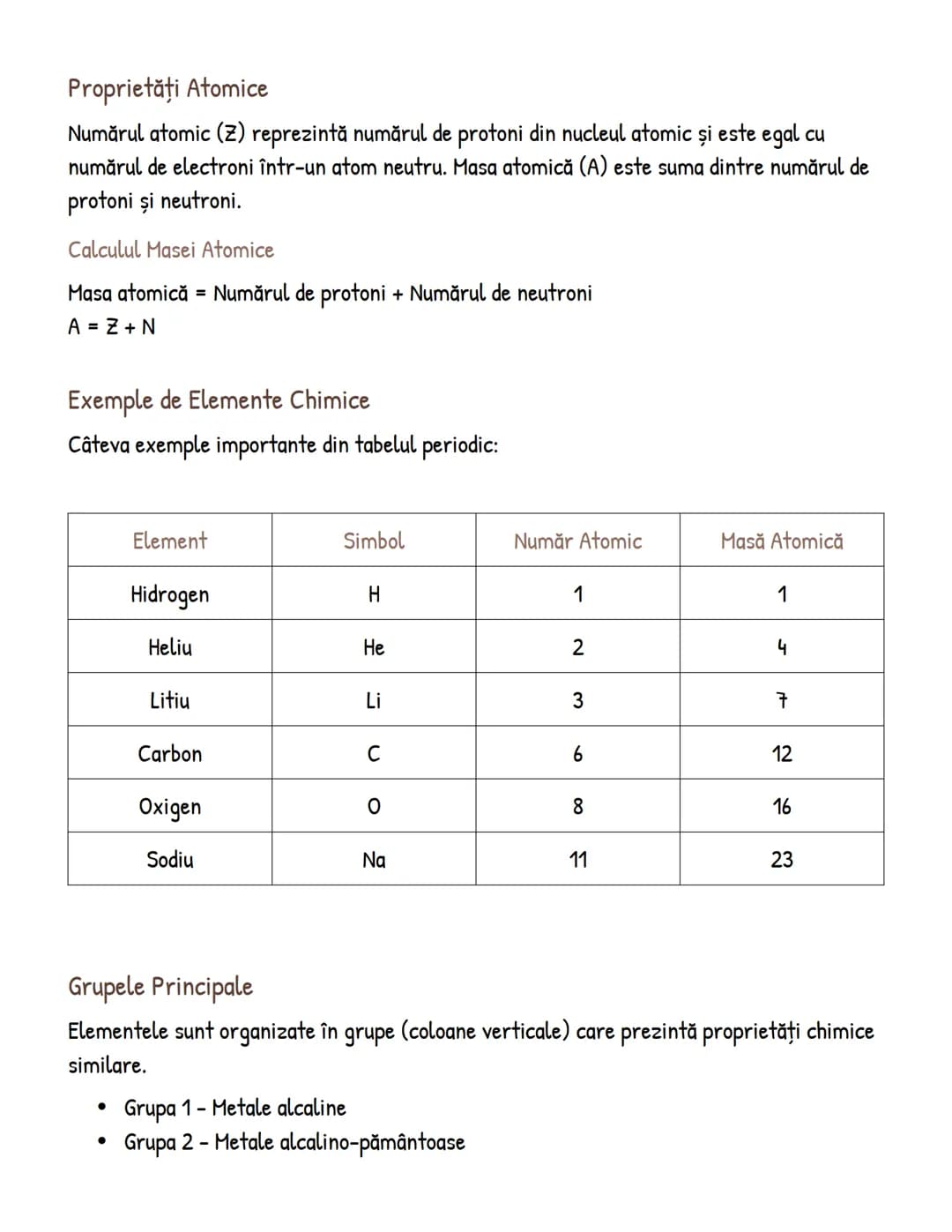 # Tabelul Periodic al Elementelor - Note de Studiu

## Structura Tabelului Periodic
Tabelul periodic este organizat în funcție de numărul at