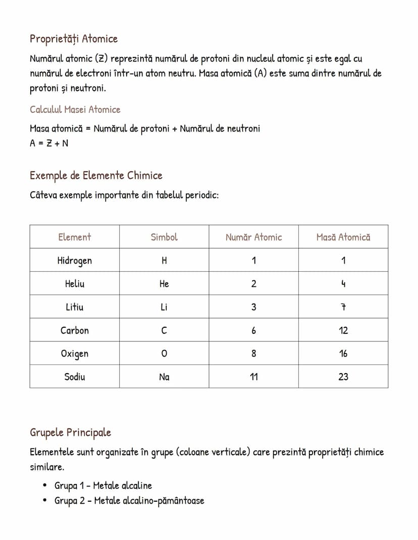 # Tabelul Periodic al Elementelor - Note de Studiu

## Structura Tabelului Periodic
Tabelul periodic este organizat în funcție de numărul at
