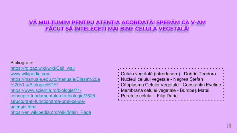 --- OCR Start ---
CELULA VEGETALA
Eveline Constantin, Stefan Negrea, Teodora Dobrin, Daria Filip și Matei Bumbes✩
Membrană
Perete
celular
Nu