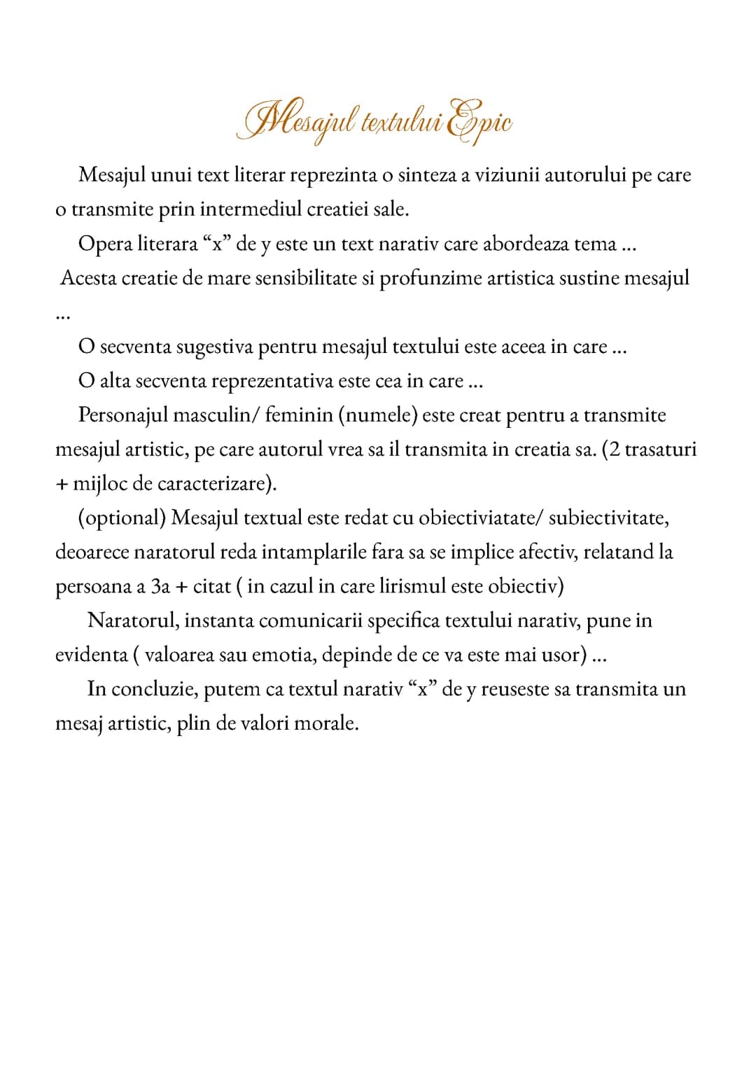 Schema mesajul textului epic