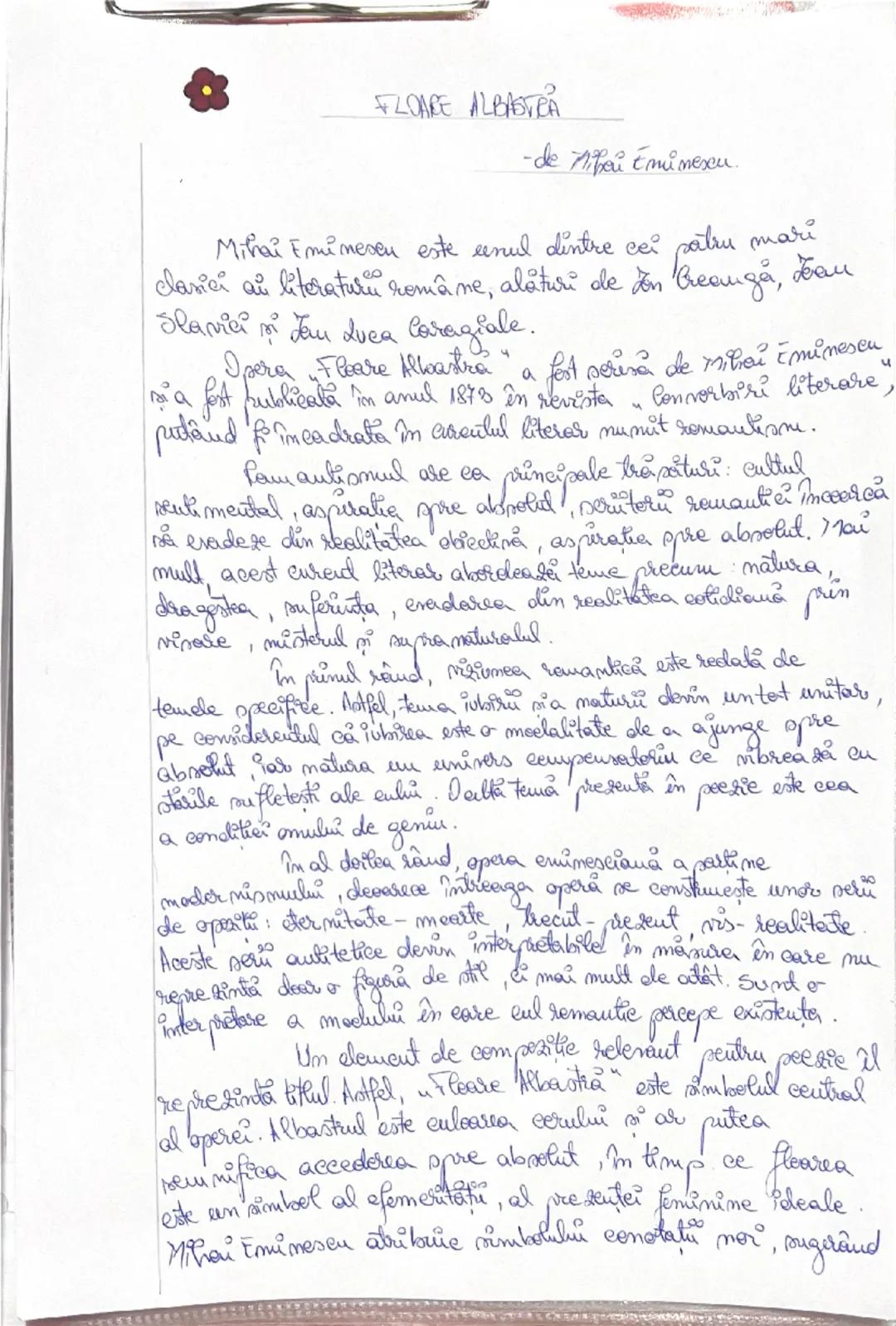 # FLOARE ALBASTRA
-de Mihai Eminescu.
Mihai Eminescu este unul dintre cei patru mari
clasici ai literaturii române, alături de Ion Creangă, 