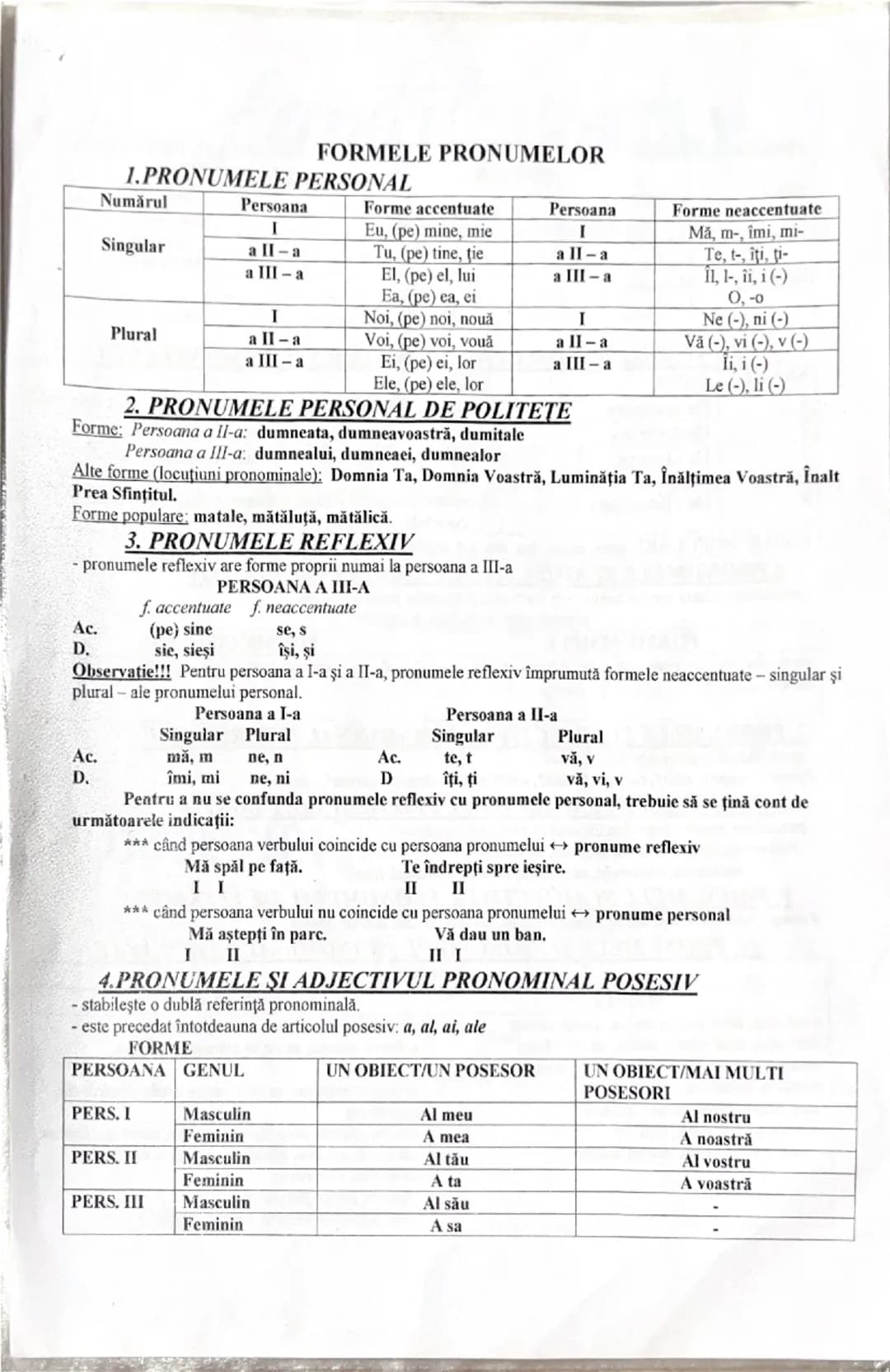 # FORMELE PRONUMELOR

# 1.PRONUMELE PERSONAL

| Numărul | Persoana | Forme accentuate | Persoana | Forme neaccentuate |
|---|---|---|---|---