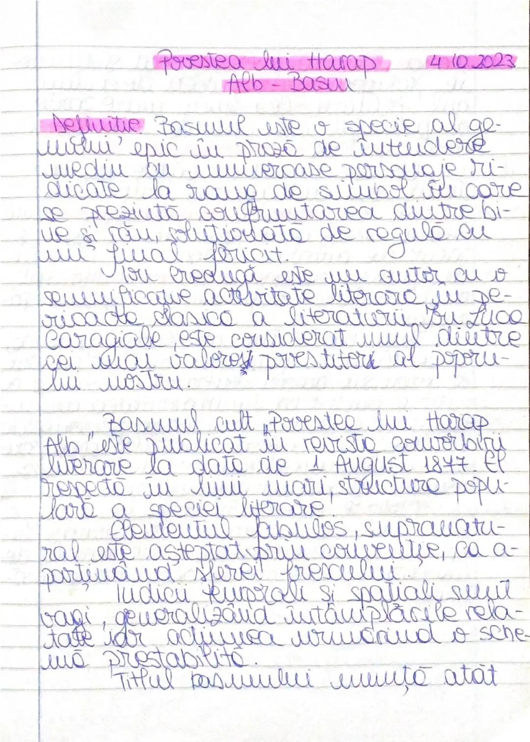 # Povestea lui Harap
Alb - Basm
4.10.2023

# Definiție
Basmul este o specie a genului epic în proză de întindere medie, cu numeroase persona