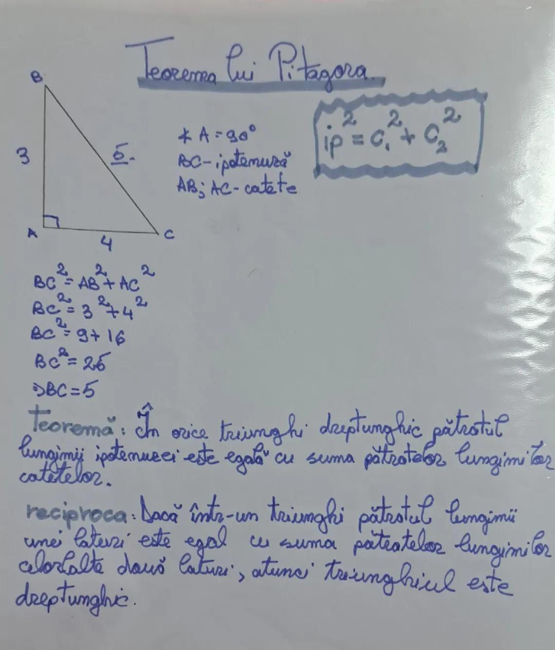 B
# Teorema lui Pitagora

*A=90°
BC-ipotemura
$Ip^2 = c_1^2 + C_2^2$
AB; AC-catate

3
트
A
4
C
$BC^2 = AB^2 + AC^2$
$BC^2 = 3^2 + 4^2$
$BC^2 