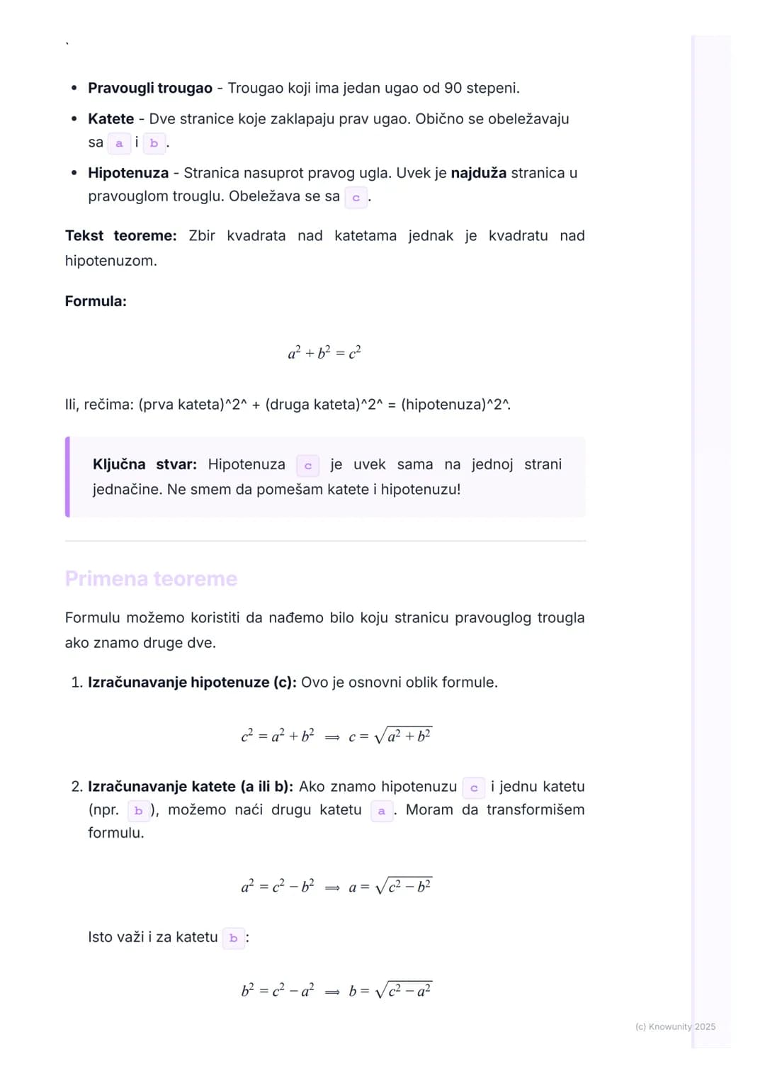 # Pitagorina teorema

Uvod i podsećanje

Pitagorina teorema je jedna od najvažnijih teorema u geometriji. Povezuje
dužine stranica pravouglo