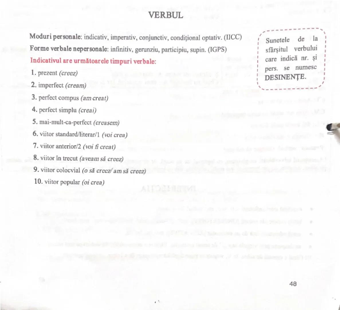 --- OCR Start ---
VERBUL
Moduri personale: indicativ, imperativ, conjunctiv, condițional optativ. (IICC)
Forme verbale nepersonale: infiniti