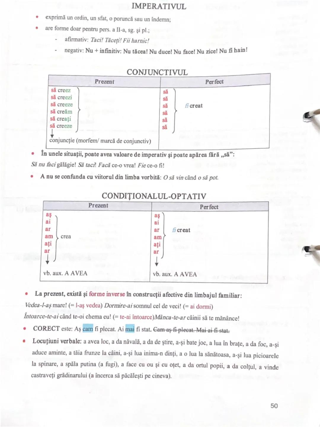 --- OCR Start ---
VERBUL
Moduri personale: indicativ, imperativ, conjunctiv, condițional optativ. (IICC)
Forme verbale nepersonale: infiniti