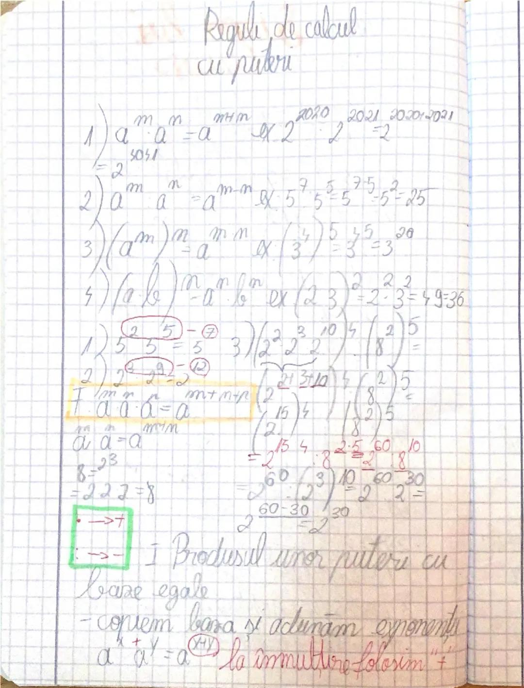 --- OCR Start ---
ww
Regule, de calcul
cu puteri
2020 2021 20:2012021
1) $a^{m}a^{m}=a^{m+m}$ ex. $2^{2}2^{1}=2^{3}$
2
5051
222
2 ) $a^{m}a^