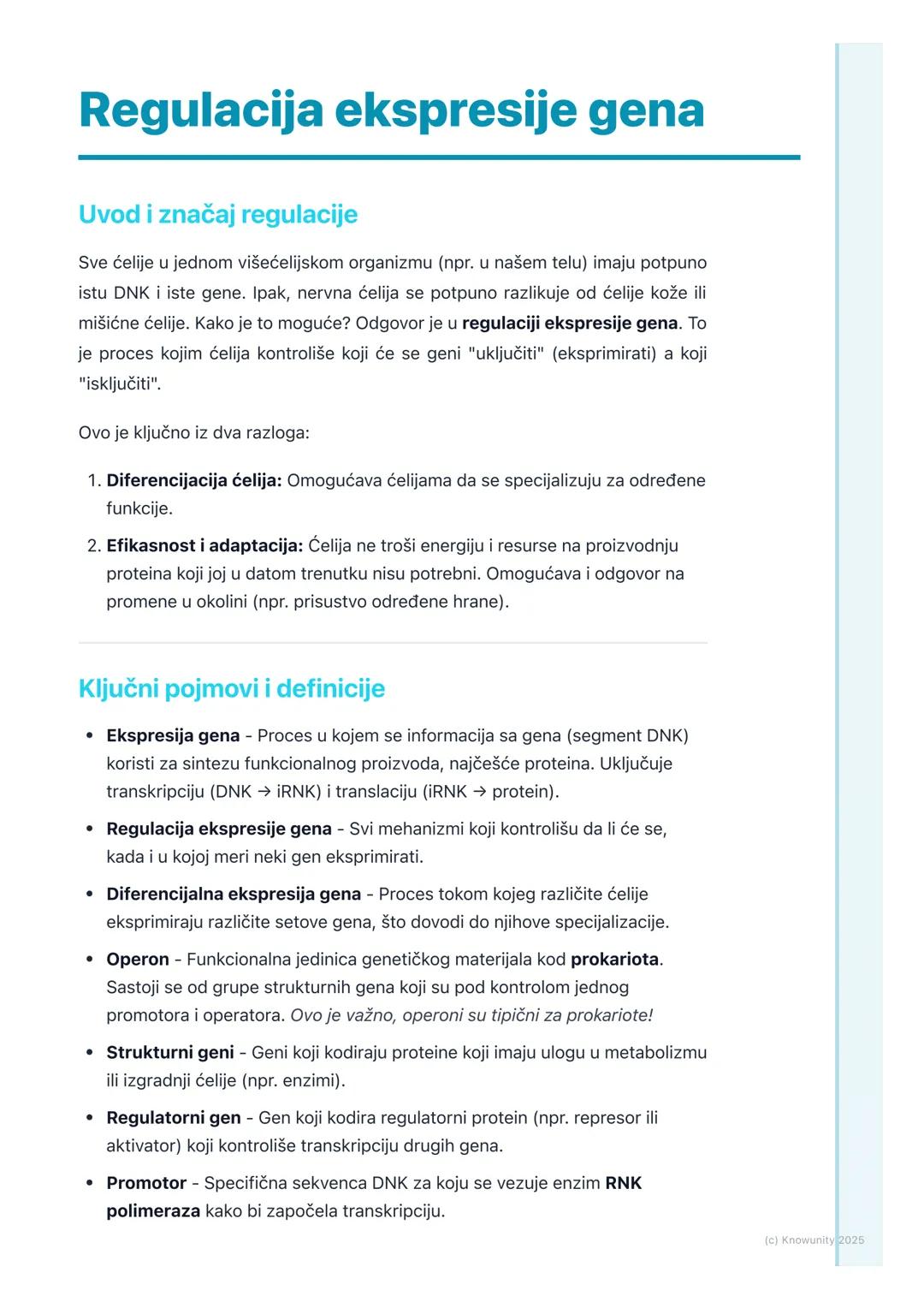 # Regulacija ekspresije gena

Uvod i značaj regulacije

Sve ćelije u jednom višećelijskom organizmu (npr. u našem telu) imaju potpuno
istu D