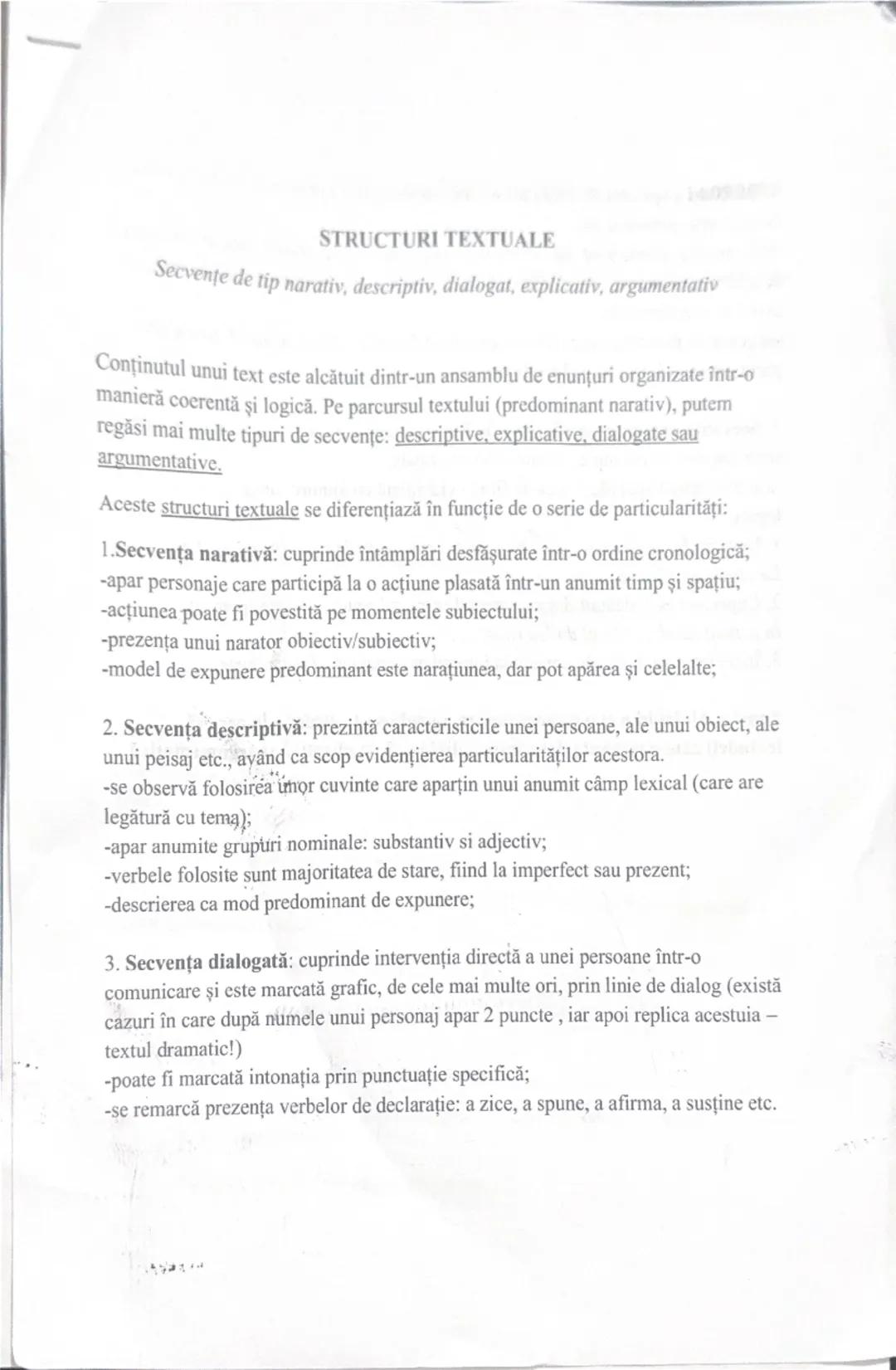 --- OCR Start ---
STRUCTURI TEXTUALE
140920/
Secvențe de tip narativ, descriptiv, dialogat, explicativ, argumentativ
Conținutul unui text es