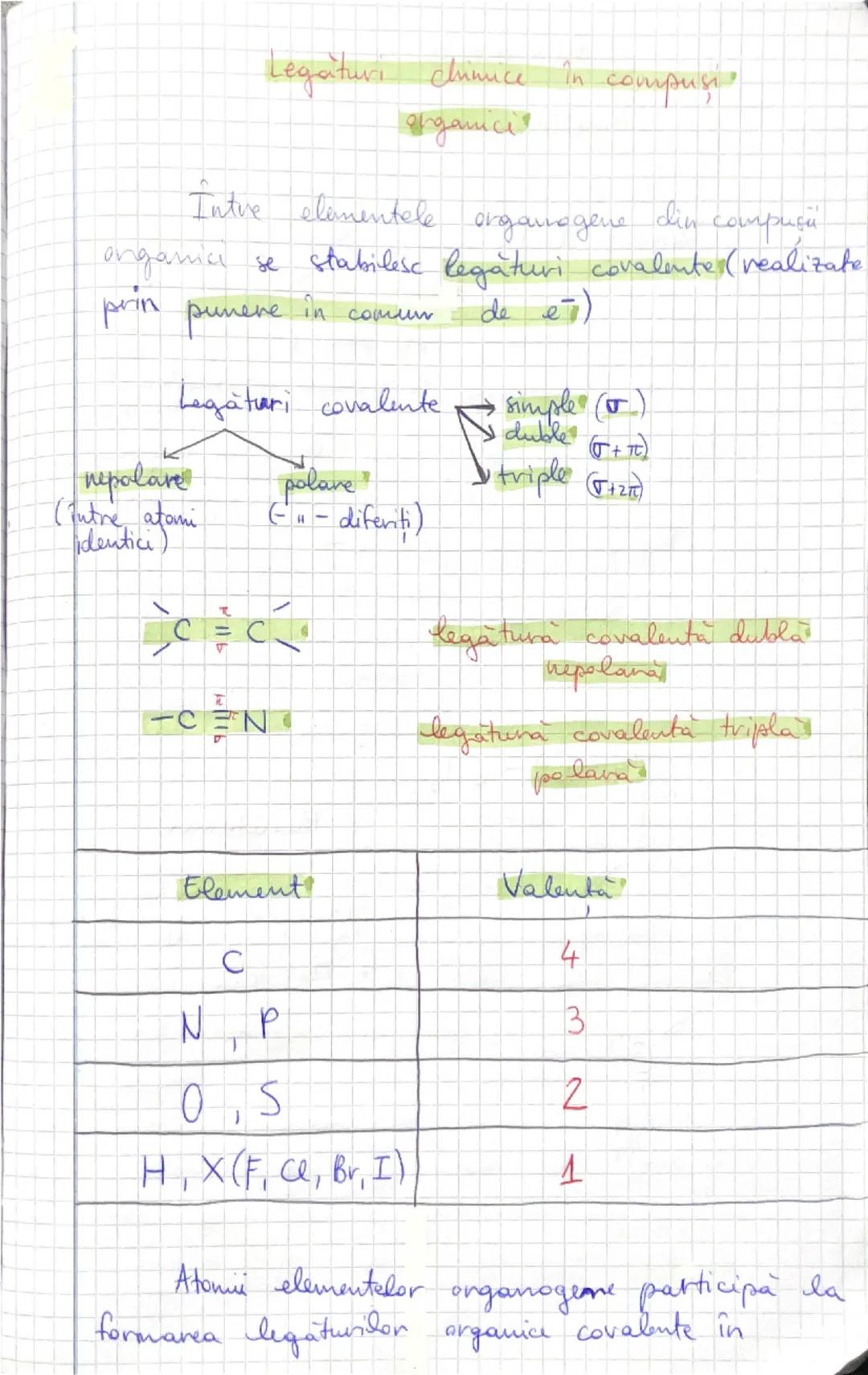 Legaturi chimice în compusi.
organici

Intre elimentele organogene din compuçi
onganice se stabilesc legături covalente (realizate
prin pune