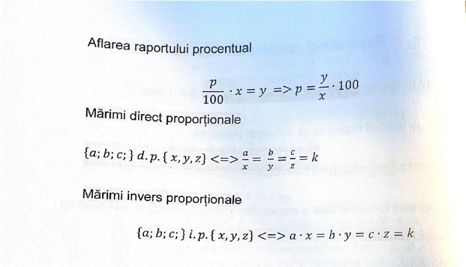 17.
Procente:
Raportul procentual este raportul $\frac{p}{100}$ notat p% cu p≥ 0
Aflarea unui procent p % dintr-un număr dat p% din x= $\fra