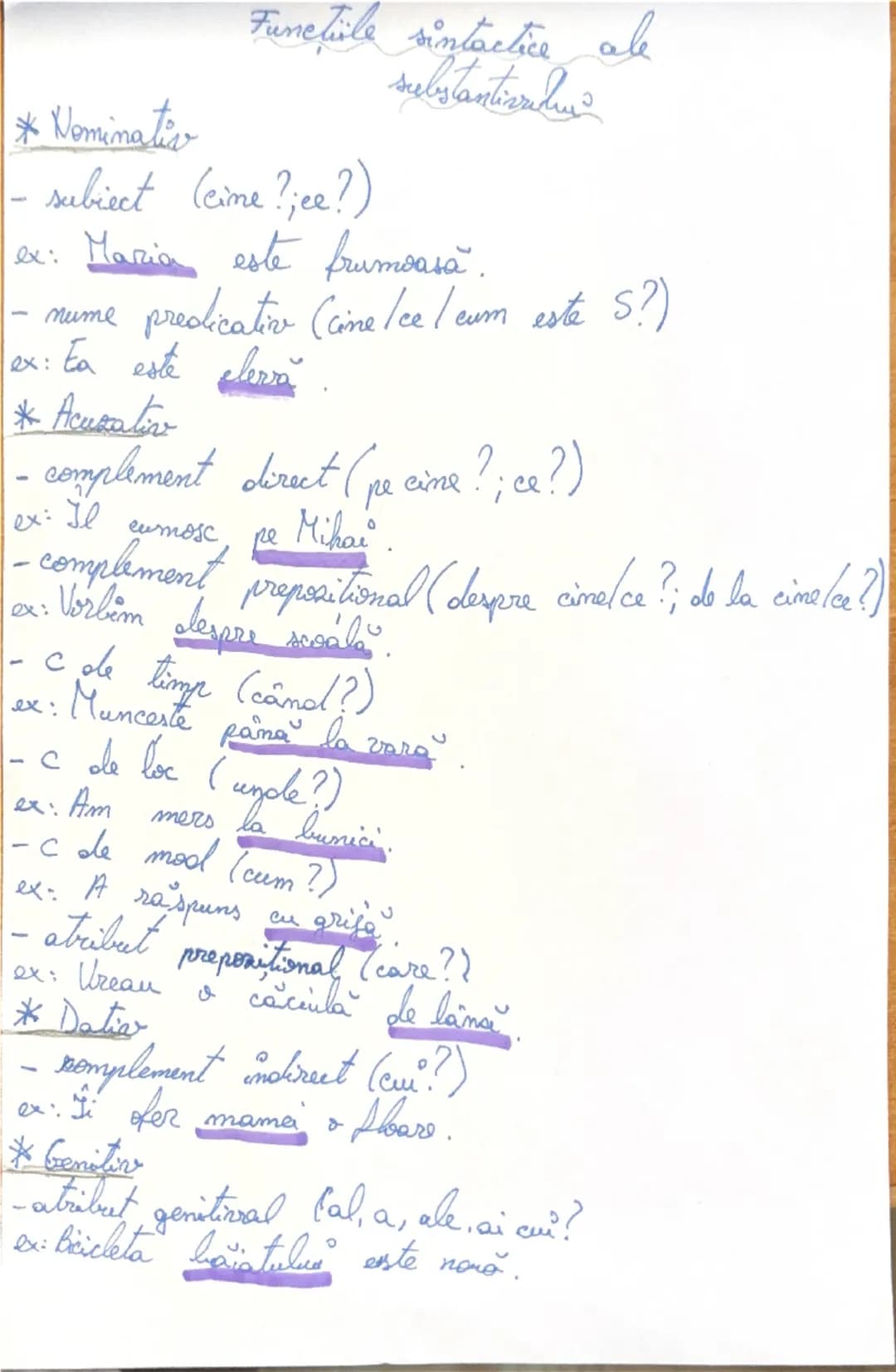 # Funcțiile sintactice ale substantivului

* Nominativ
- subiect (cine? ; ce?)
ex: Maria este frumoasă.
- nume predicativ (cine/ce/cum este 