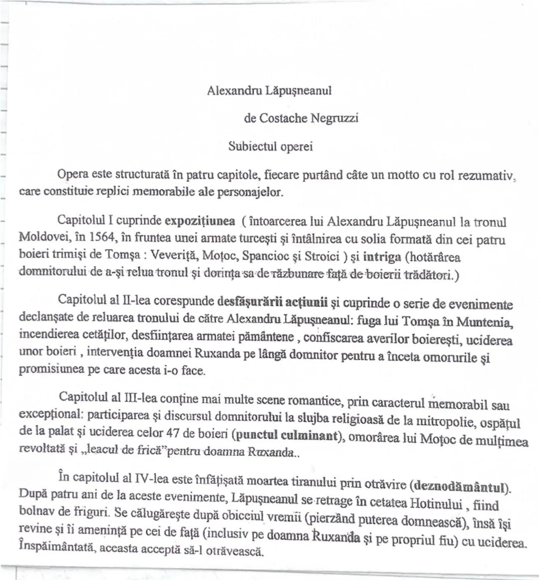 Alexandru Lăpuşneanul
de Costache Negruzzi
Subiectul operei
Opera este structurată în patru capitole, fiecare purtând câte un motto cu rol r