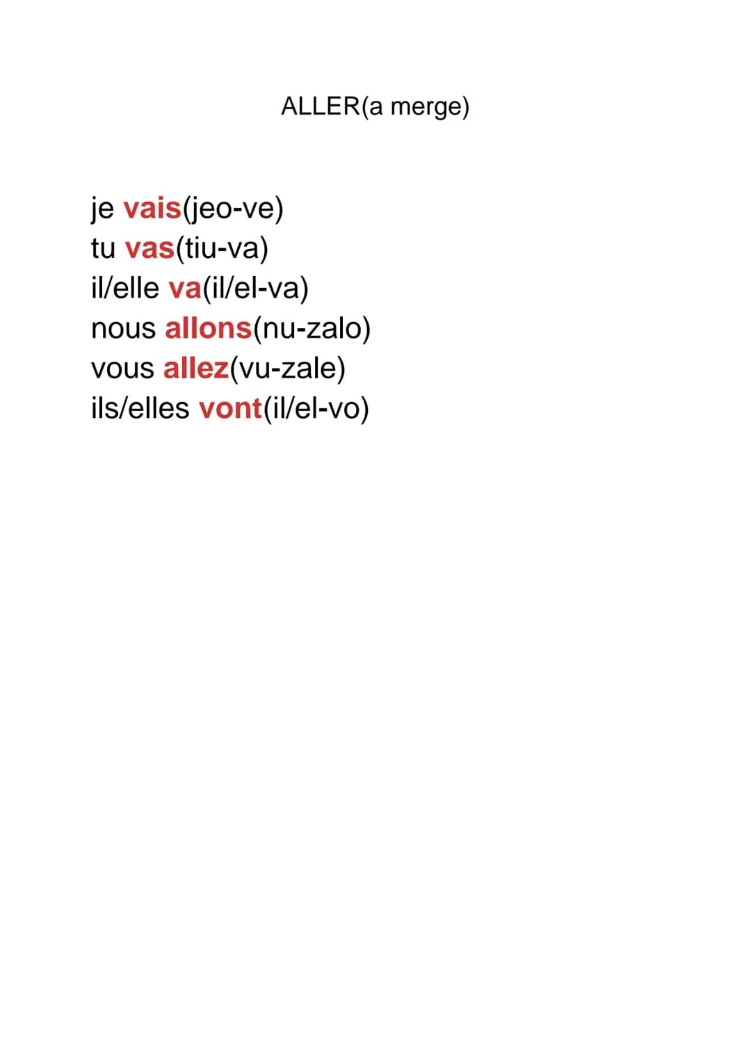 # ALLER(a merge)

je vais(jeo-ve)
tu vas(tiu-va)
il/elle va(il/el-va)
nous allons(nu-zalo)
vous allez(vu-zale)
ils/elles vont(il/el-vo)