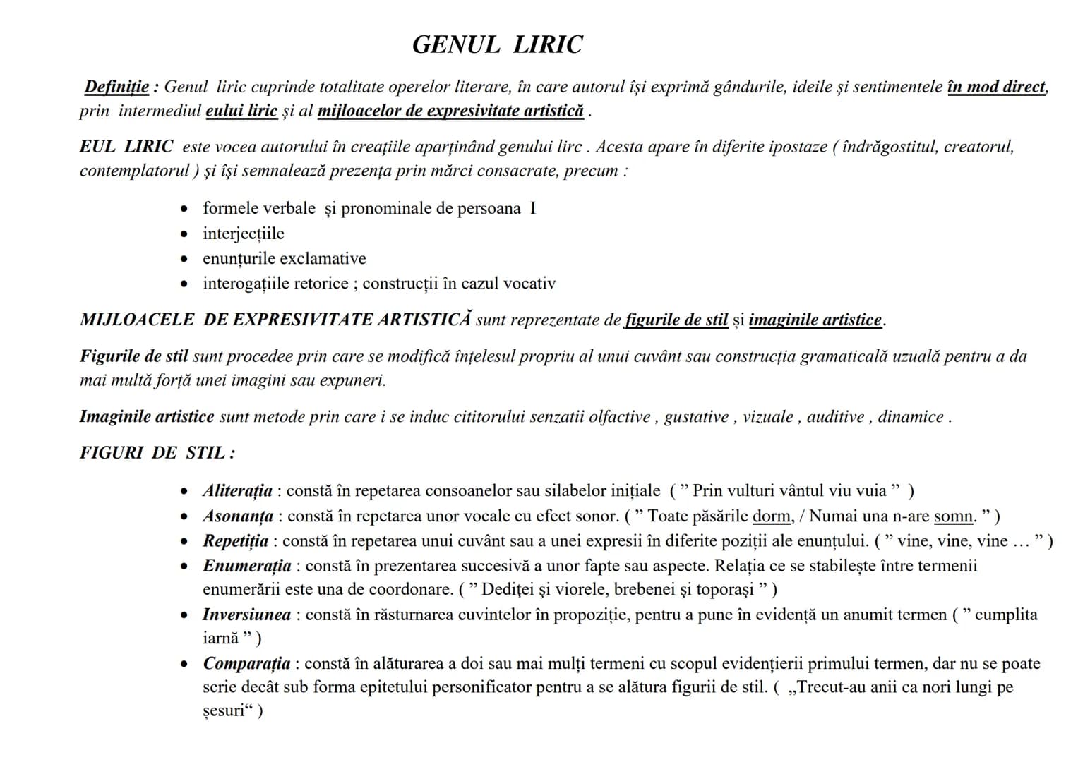 --- OCR Start ---
GENUL LIRIC
Definiție: Genul liric cuprinde totalitate operelor literare, în care autorul își exprimă gândurile, ideile și