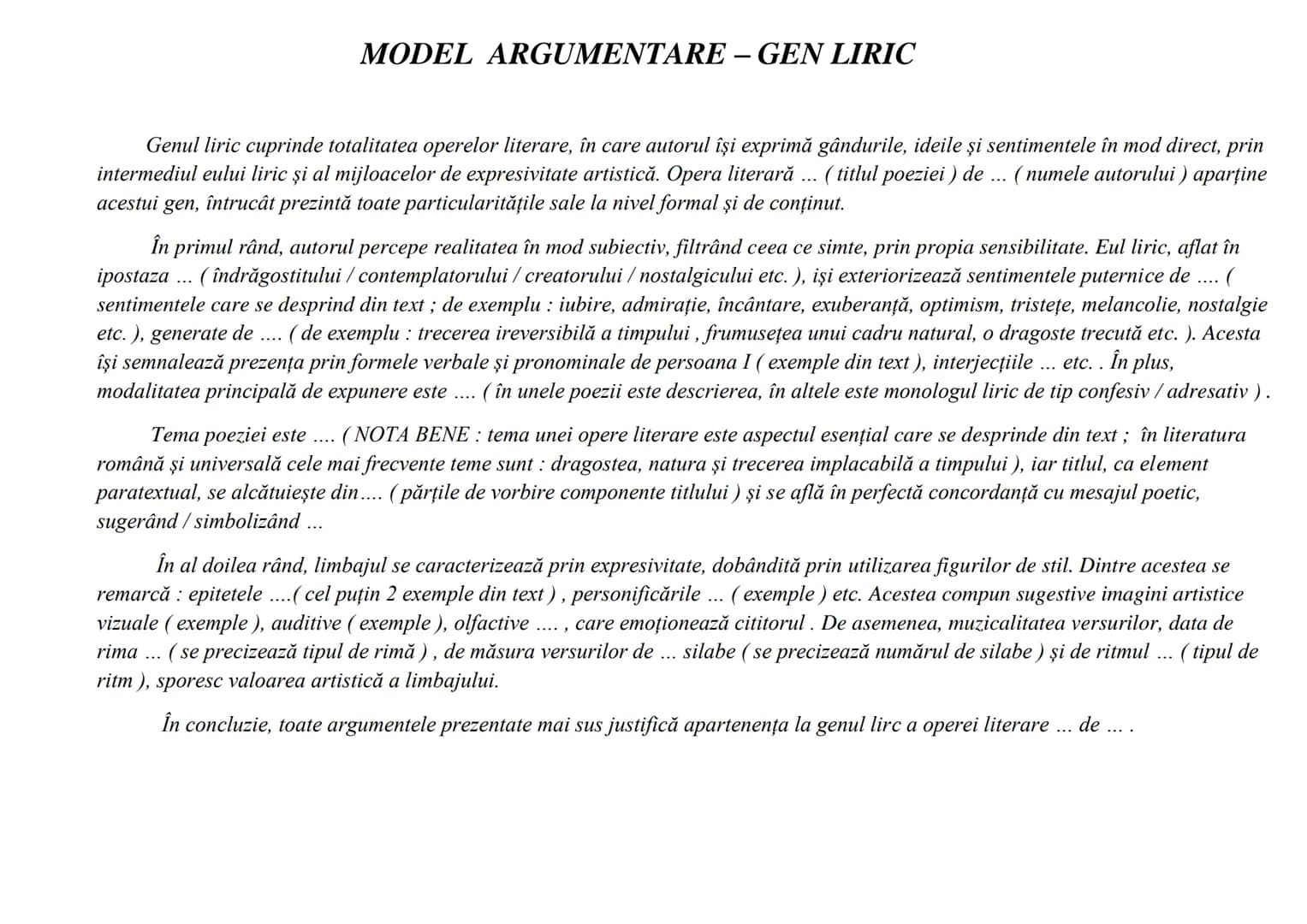 --- OCR Start ---
GENUL LIRIC
Definiție: Genul liric cuprinde totalitate operelor literare, în care autorul își exprimă gândurile, ideile și