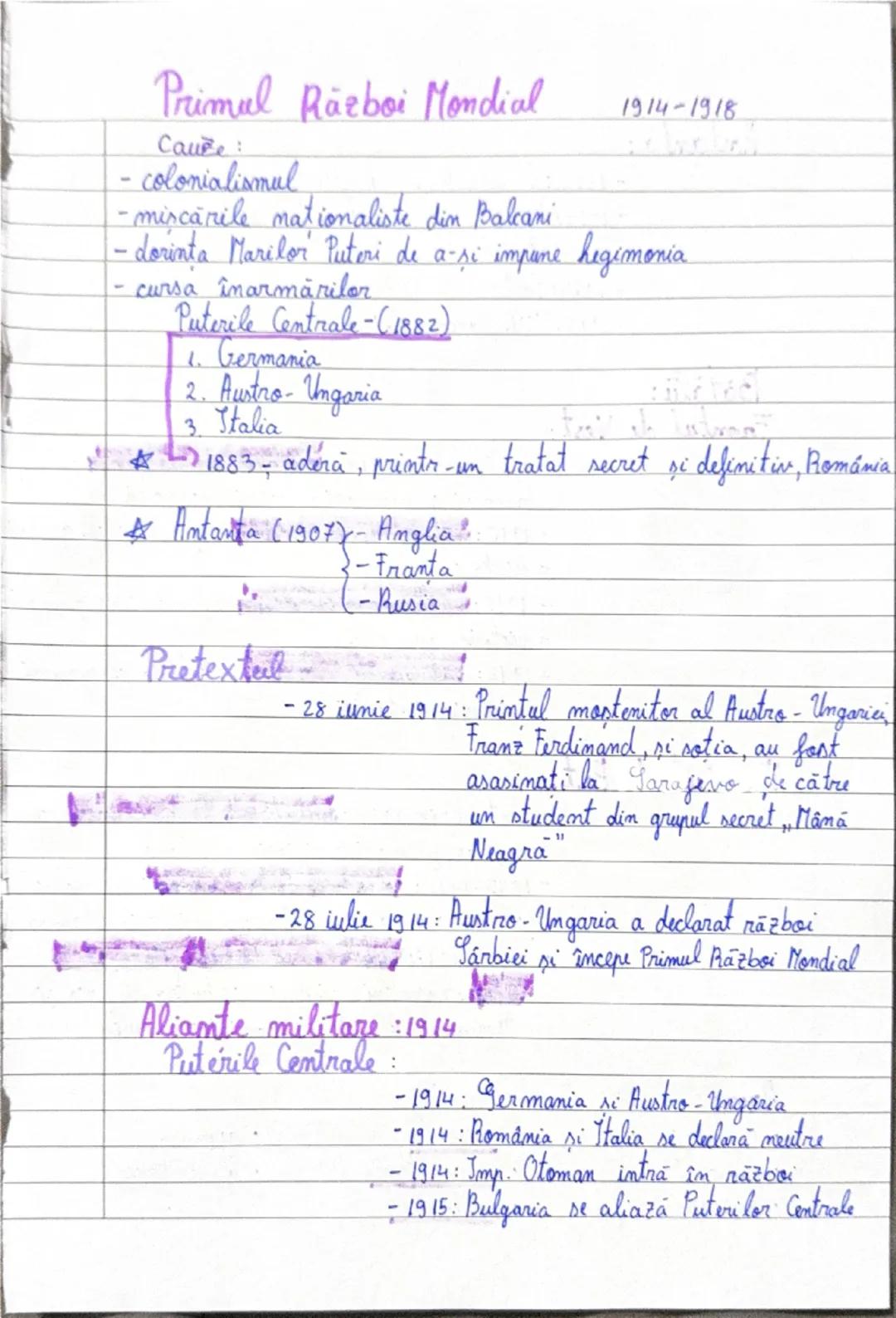 Primul Razboi Mondial
1914-1918
Caure:
- colonialismul
- mişcările nationaliste din Balcani
- dorinta Marilor Puteri de a-și impune hegemoni