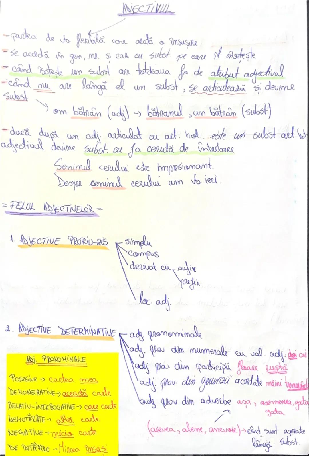 --- OCR Start ---
ADJECTIVUL
-partea de vb flexibilă core alata o însuşire
- se accadă în gen, nr. şi car cu subst. pe care îl însoţeşte
- c