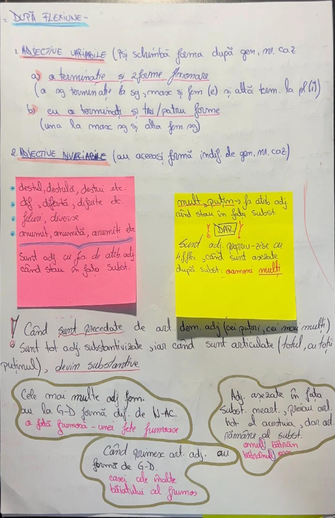 --- OCR Start ---
ADJECTIVUL
-partea de vb flexibilă core alata o însuşire
- se accadă în gen, nr. şi car cu subst. pe care îl însoţeşte
- c