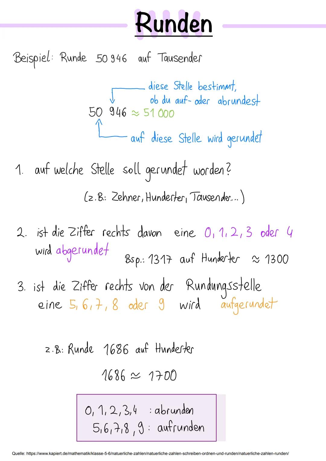 # Runden

Beispiel: Runde 50946 auf Tausender

 diese Stelle bestimmt,
ob du auf- oder abrundest

50 946≈51 000

auf diese Stelle wird gerun