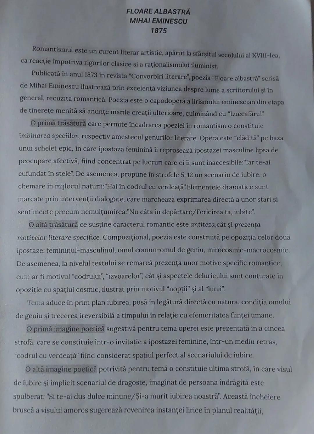 # FLOARE ALBASTRĂ
MIHAI EMINESCU
1875

Romantismul este un curent literar artistic, apărut la sfârşitul secolului al XVIII-lea,
ca reacție î